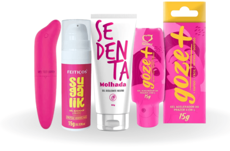 Kit Sugador Liquido Sugalik, Excitante Goze+, Lubrificante Sedenta Molhada E Vibrador Golfinho